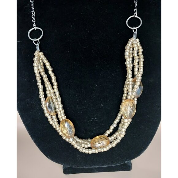 Cato Long Multi Strand Necklace Beaded Layered Chain Statement Jewelry Cream Tan - Picture 2 of 14